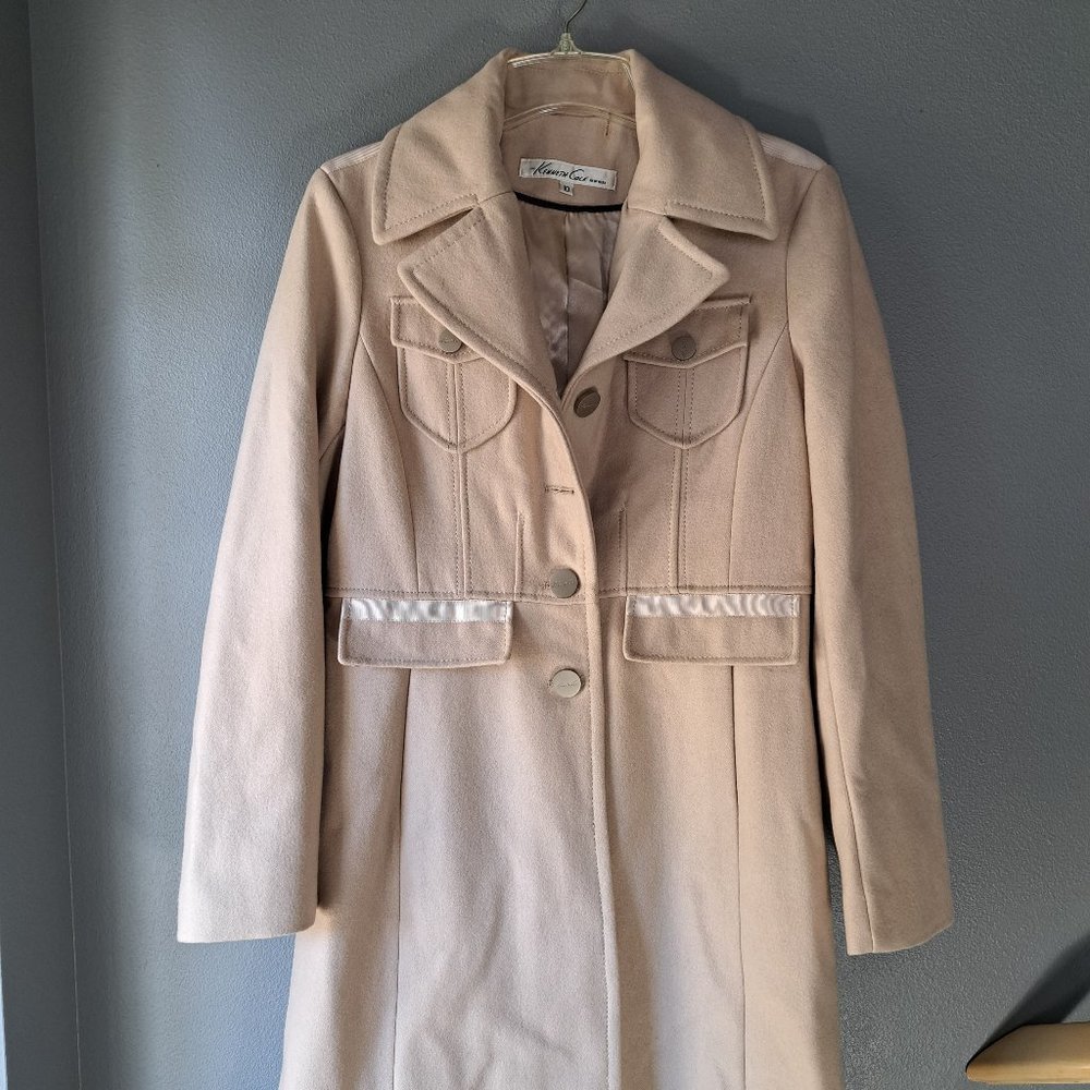 Kenneth Cole New York - Mid-Full Length Beige Woolen Coat, Size 10